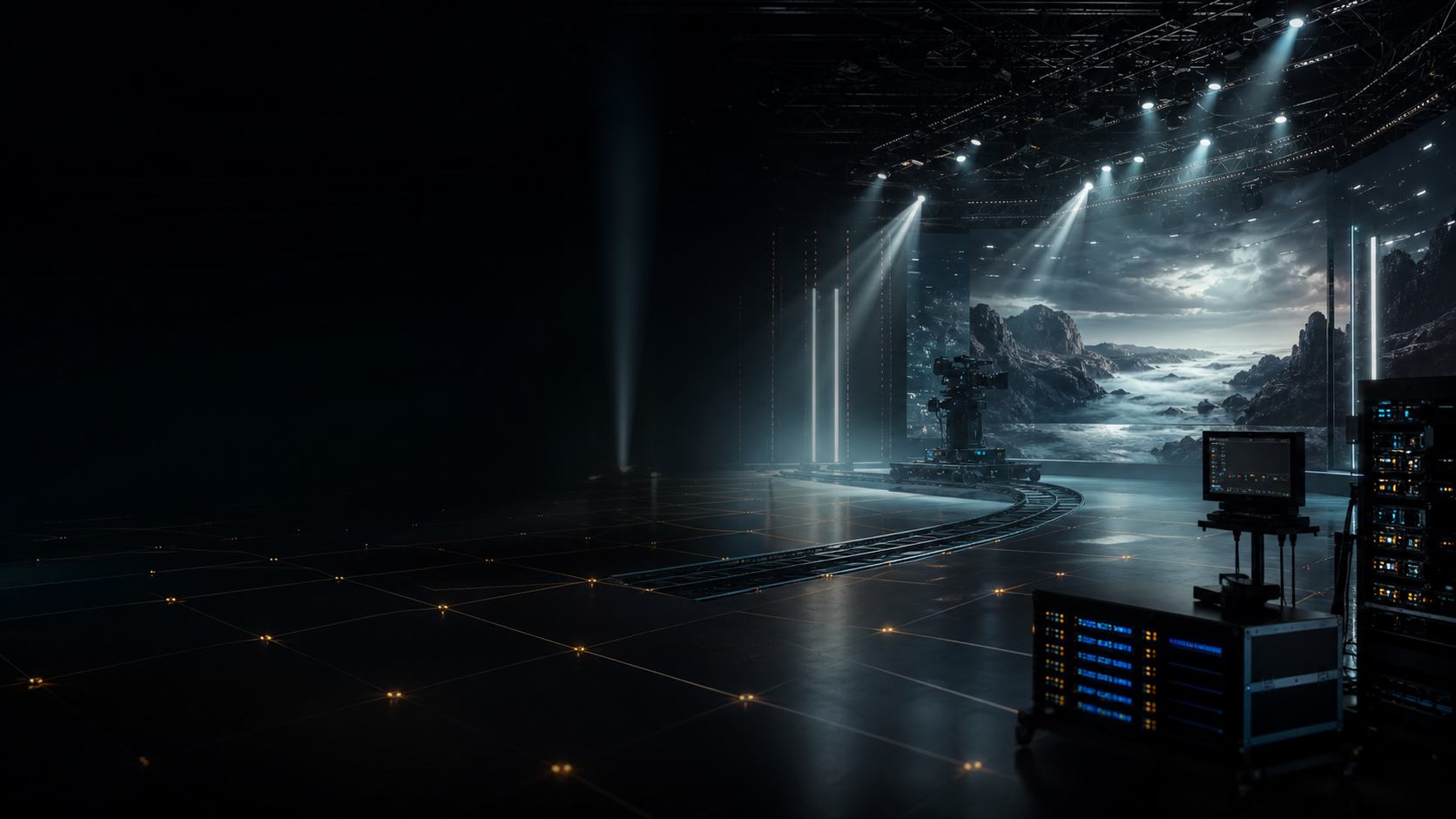 Virtual production stage with LED volume, tracking grid and technical control systems.